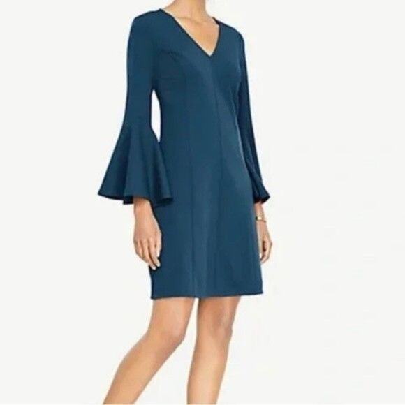 Ann Taylor Tall Small V-Neck Bell Sleeve Flare Dress Above Knee Blue NWT - Picture 1 of 10